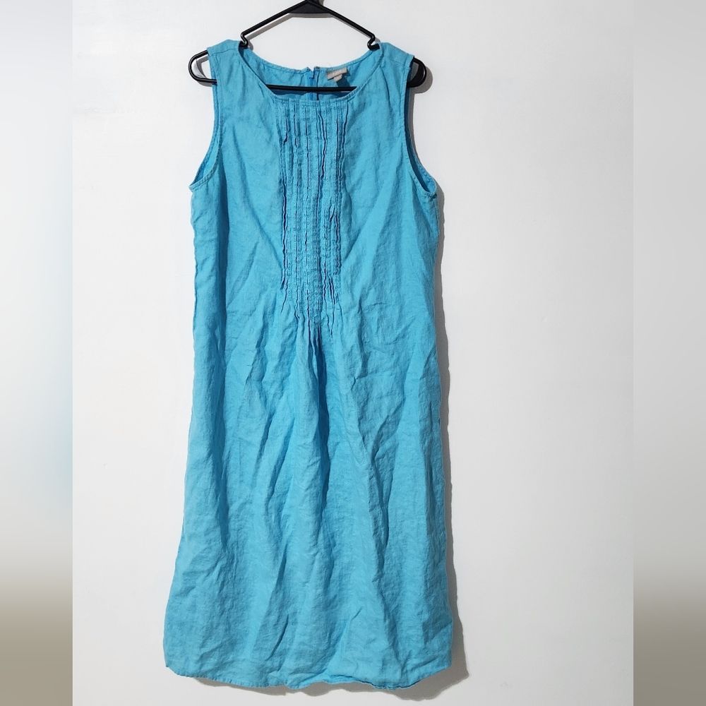 J.JILL / aqua blue linen pintuck midi sleeveless dress / L